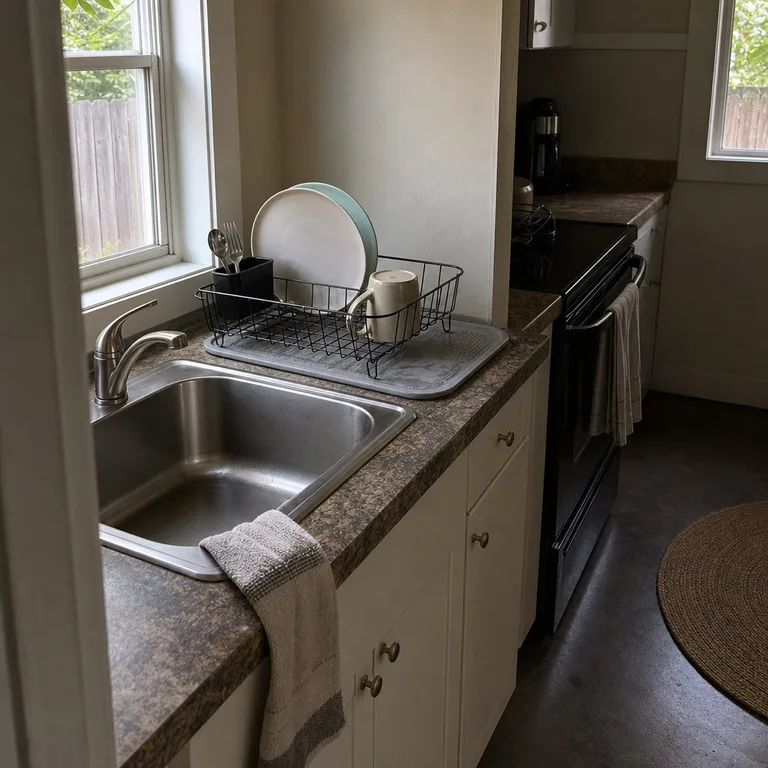 Compact wire dish rack on a sloped draining board beside a small stainless-steel sink.
