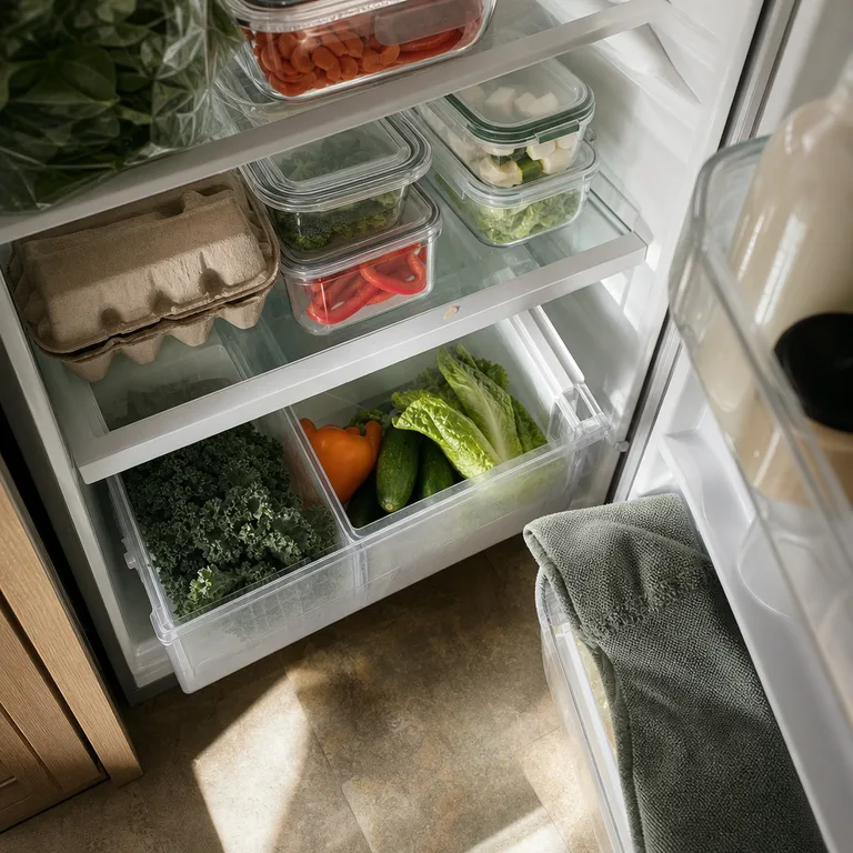 Top-down view of a refrigerator during a weekly inventory and shelf reset.