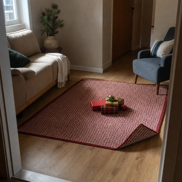 A low-pile holiday mat marks a gift-opening area in the center of a small living room while a clear path remains open to the doorway.