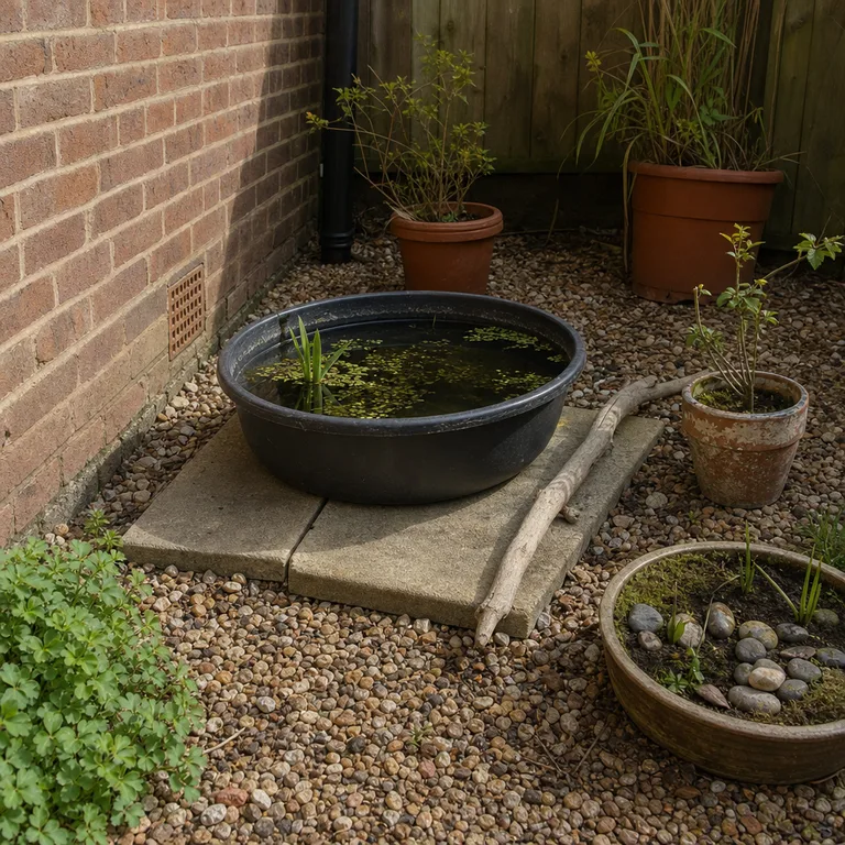 Wide shallow plastic tub pond on paving slabs with stones, a branch ramp, and potted plants in a small brick garden.