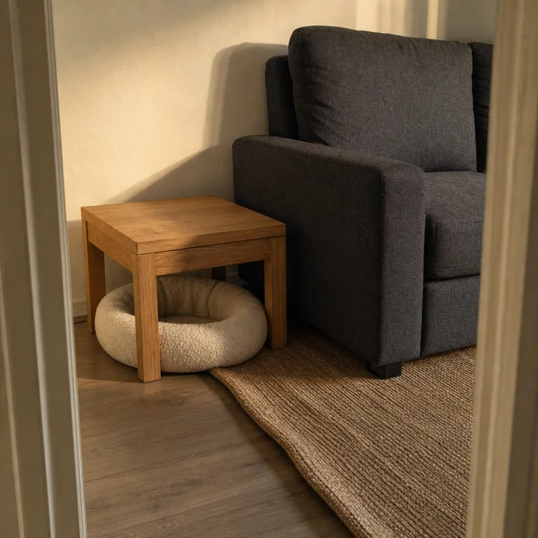 Cream donut pet bed tucked under an open-leg oak side table at the end of a dark sofa.