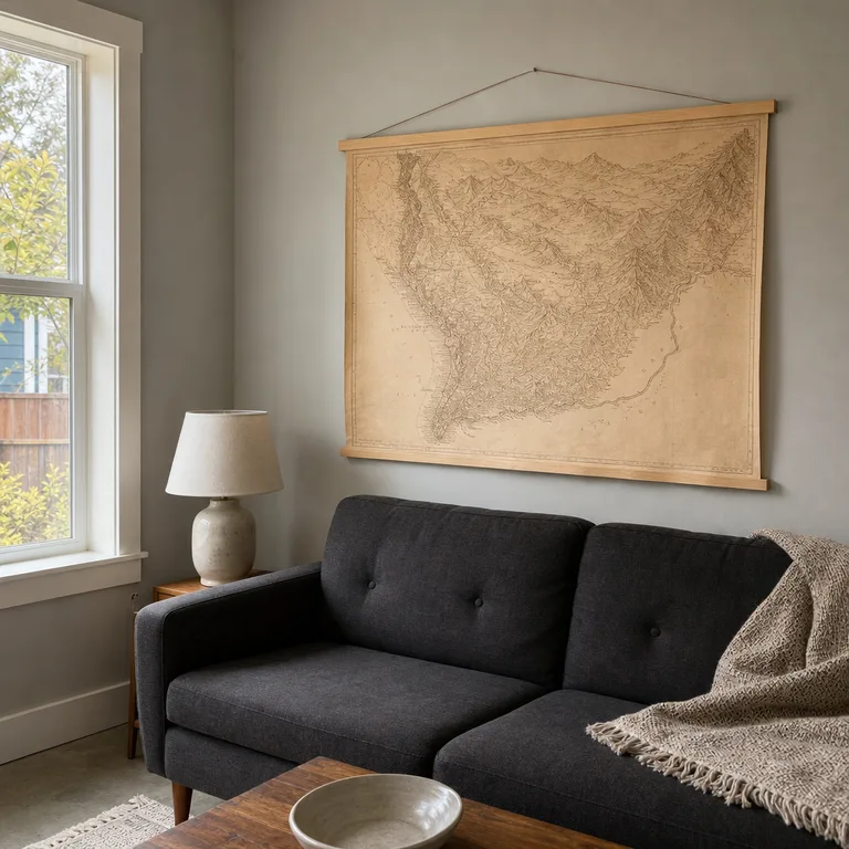 A large sepia map poster in light wood magnetic hangers above a charcoal sofa.