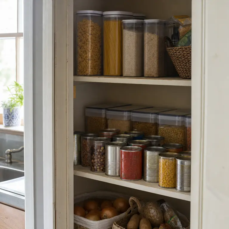 Older pantry items are placed at the front and newer items behind them.