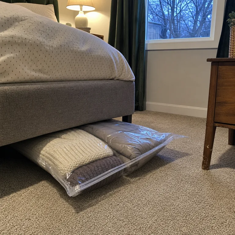 A compressed bag of seasonal clothes sliding beneath an upholstered bed.