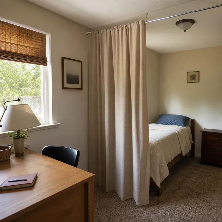 Curtain divider separating a guest bed from a desk in a small room.