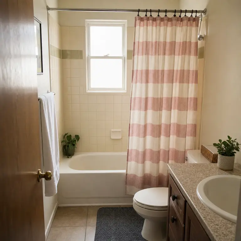 A muted striped shower curtain softens an older rental bathroom tub area.