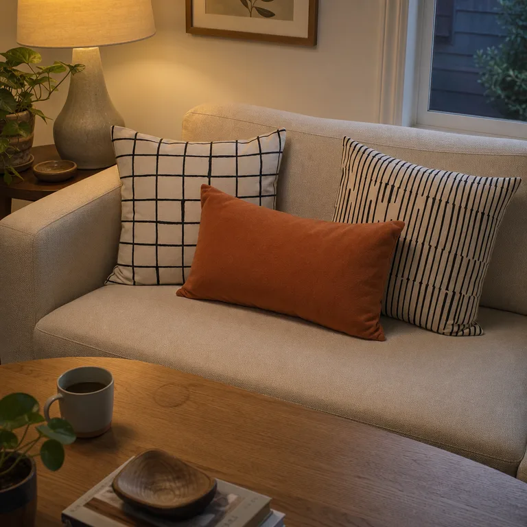 A cream sofa with black-and-white graphic square pillows and a terracotta lumbar accent pillow.