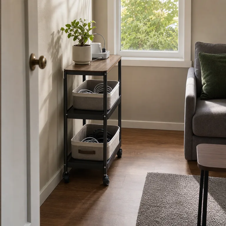A slim rolling cart organizes shared devices, cords, and charging equipment beside a living room outlet.