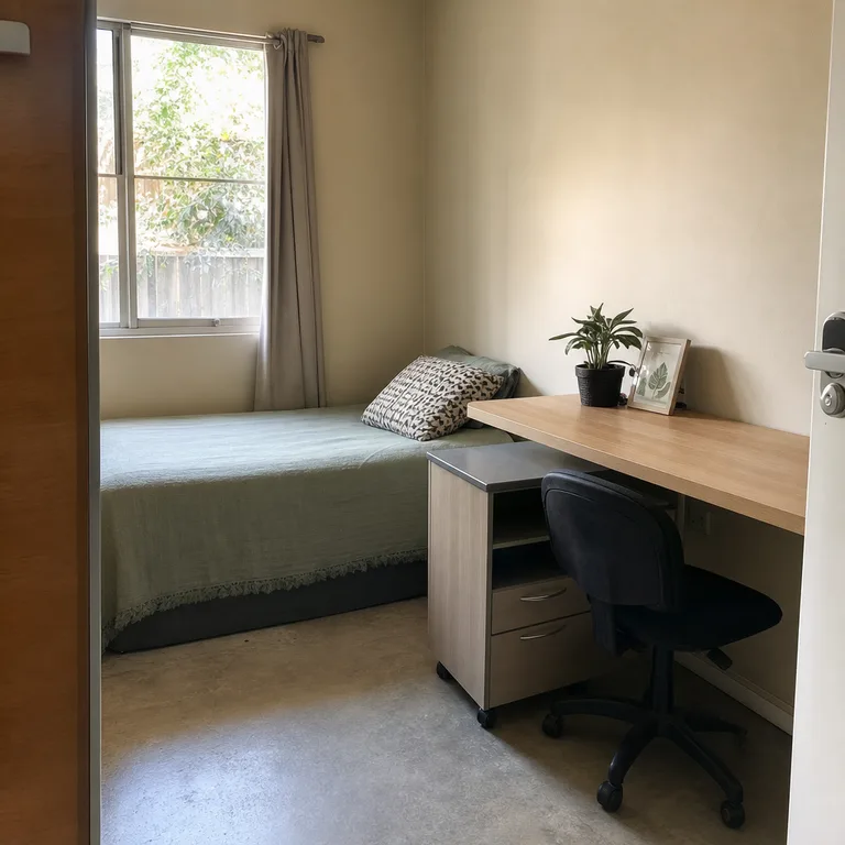 Rolling desk tucked under a fixed worktop beside a guest bed.
