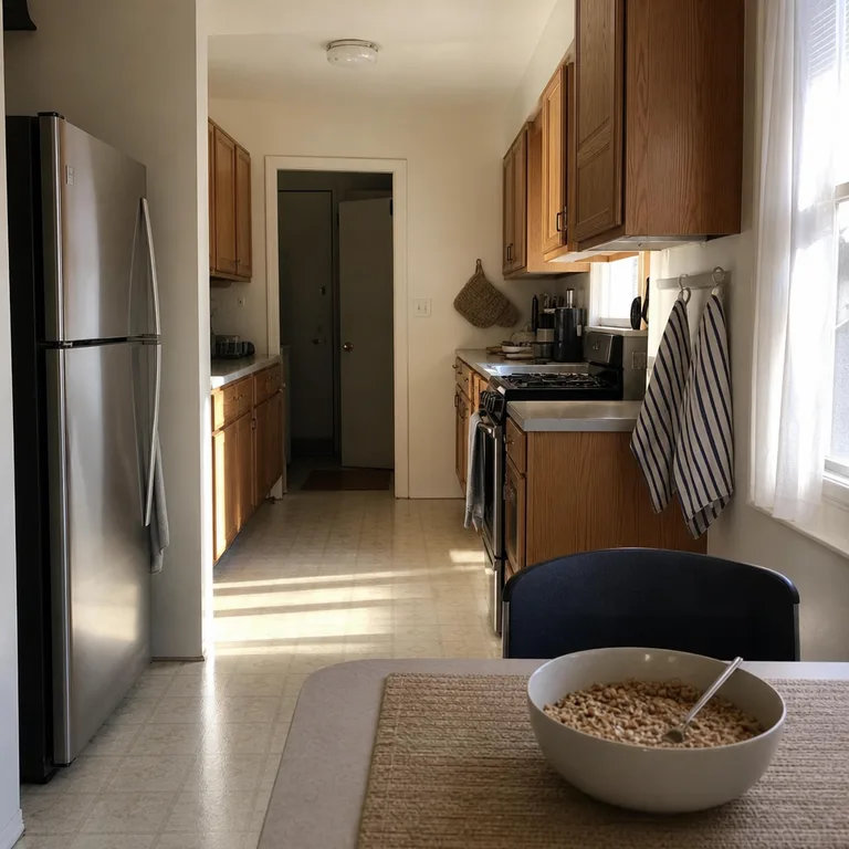 Blue striped towels pair with oatmeal pot holders and a plain woven placemat in a galley kitchen.