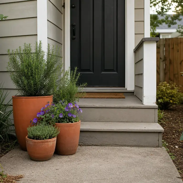Coordinated terracotta-colored pots line a small front stoop.