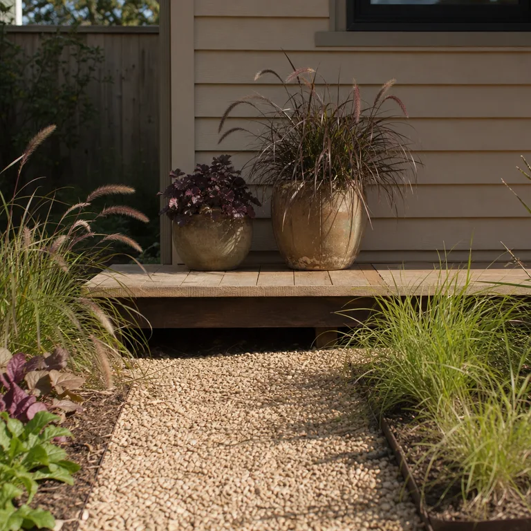 Aged clay pots planted with purple fountain grass and copper-toned heuchera by a gravel path.