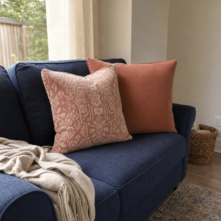 A navy loveseat with a faded terracotta print pillow paired with a plain clay reversible pillow.