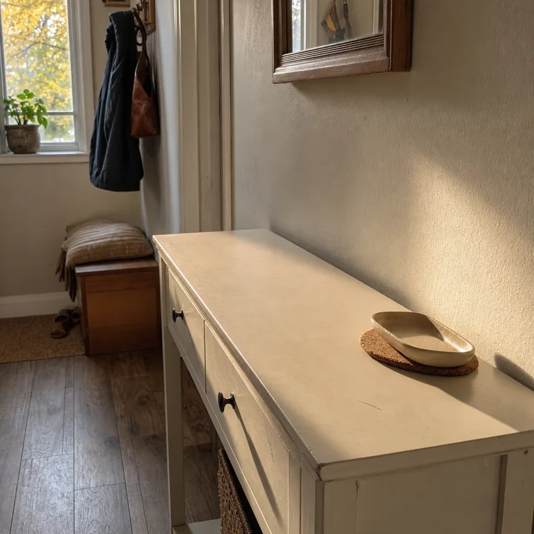 A narrow entry console includes a clear open section for weekly sorting and resetting.