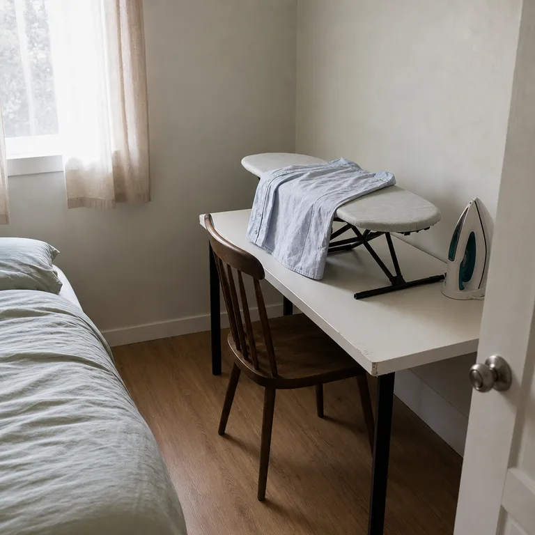 A folding tabletop ironing board set on a cleared bedroom desk beside a clear walkway.
