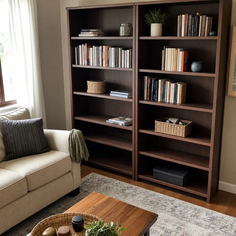 A partially reset bookshelf with upright books, a storage basket, and open shelf space.