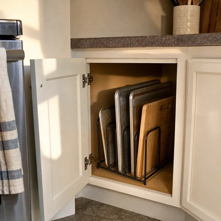 Vertical rack storing baking sheets and cutting boards in a corner cabinet.