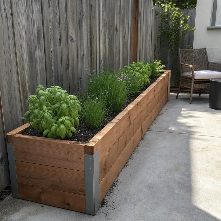 A narrow cedar raised planter runs along a fence beside a concrete patio.