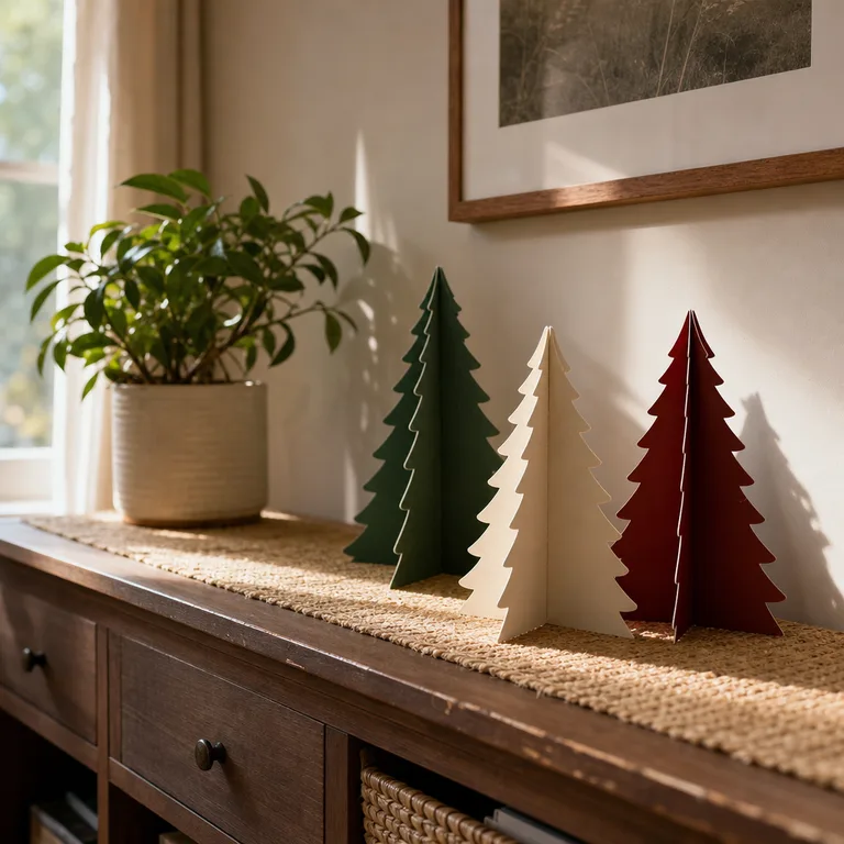 Three slotted cardstock Christmas trees in muted colors stand on a small living-room console.