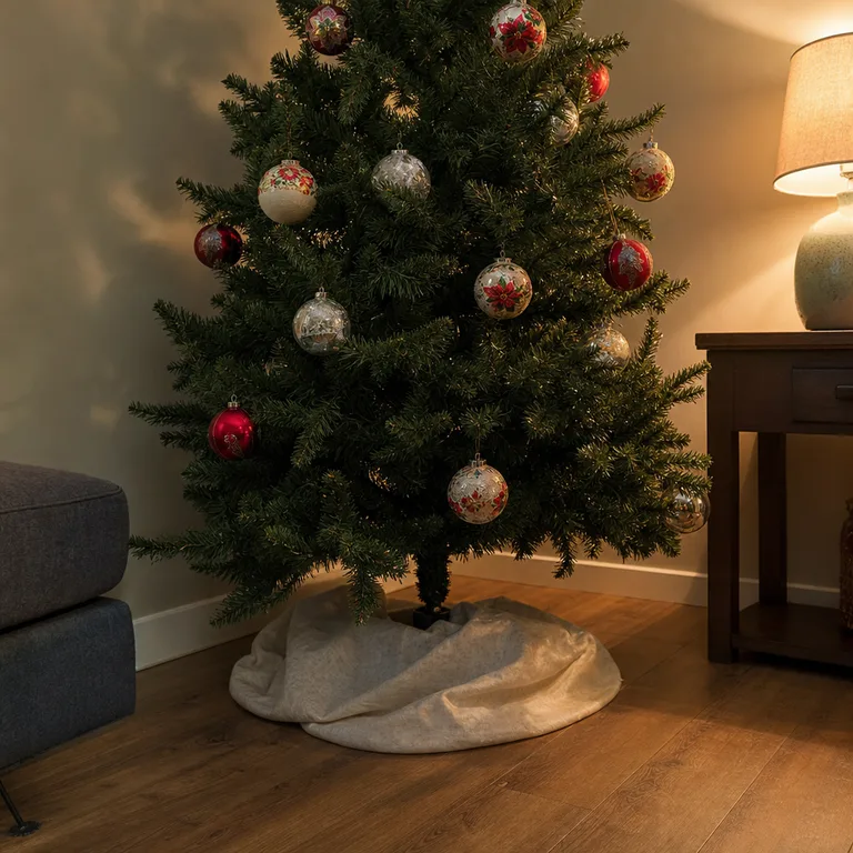 Large mismatched ornaments are spaced across a small Christmas tree.