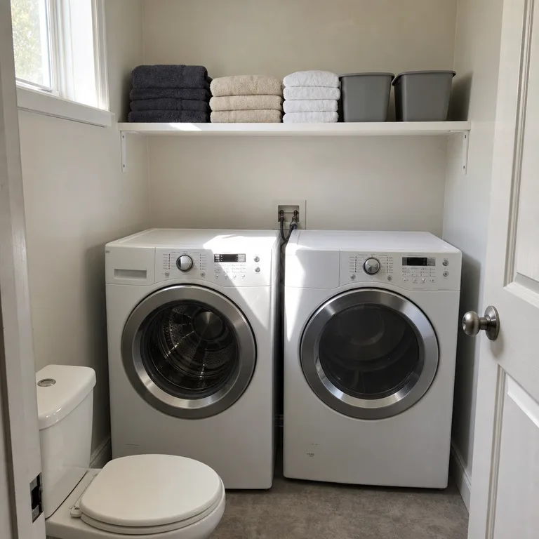 Shallow shelf above front-loading laundry appliances stores towels and small bins.