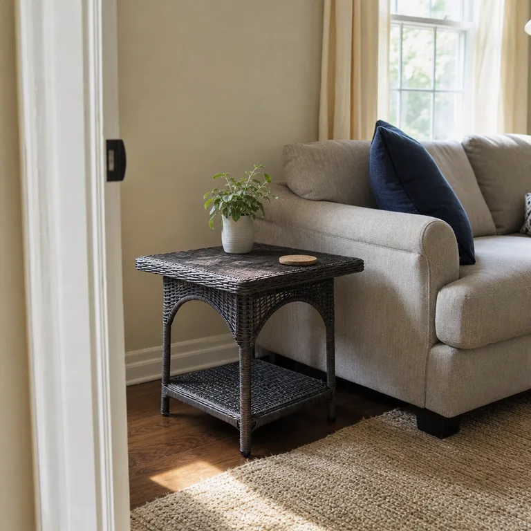 A synthetic wicker side table beside a sofa in a bright living room.