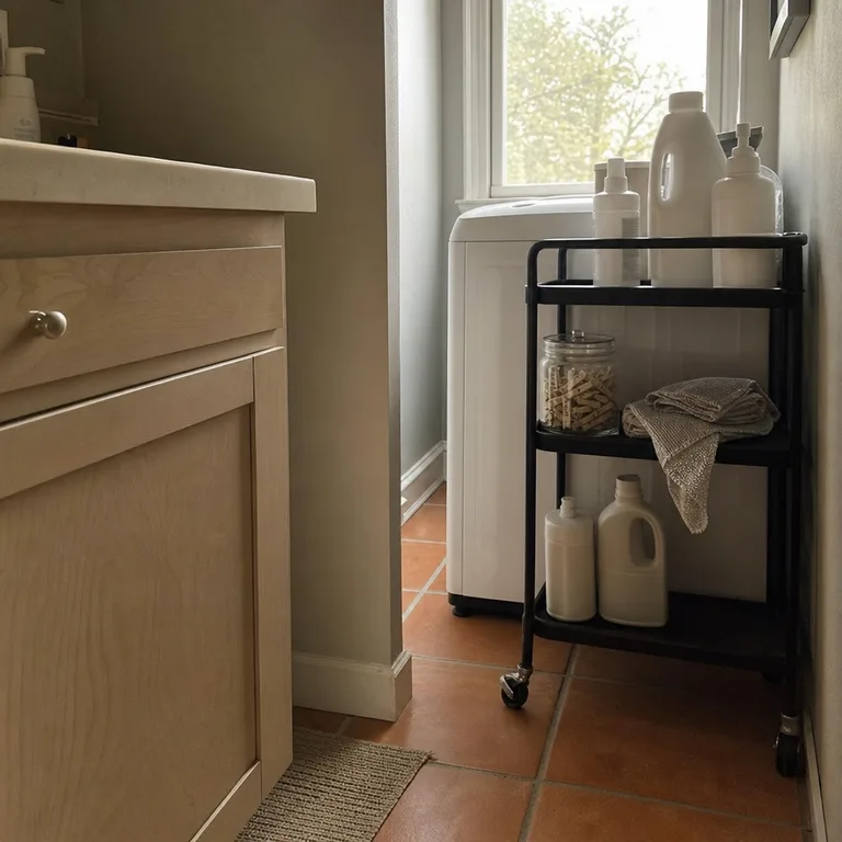 Narrow rolling utility cart stores laundry supplies next to a washer in a bathroom.