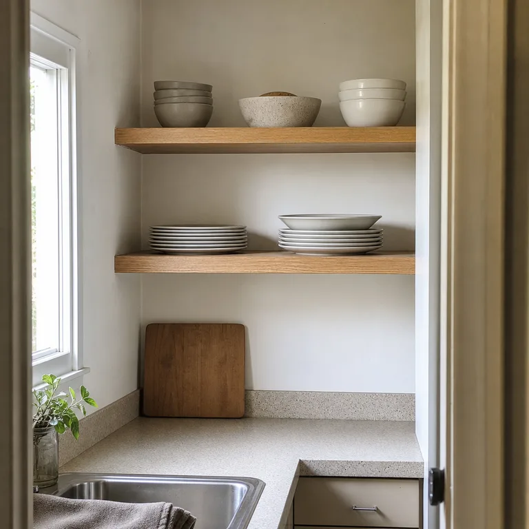 A compact kitchen shelf with a stack of white dinner plates beside a stack of everyday stoneware bowls.