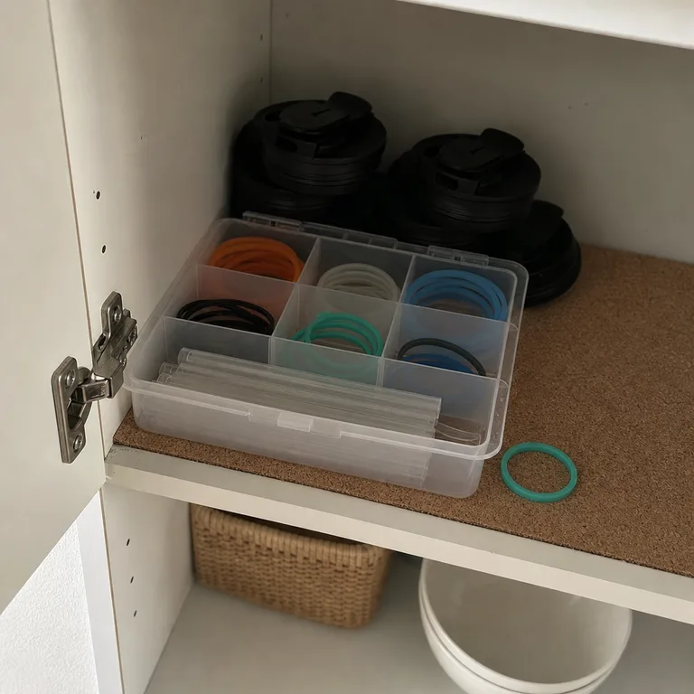 An open divided box stores dry spare bottle lids, straws, and gasket pieces separately.