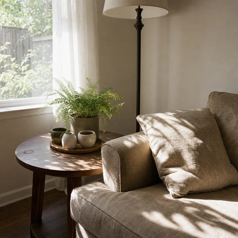 A group of small houseplants sits on a tray on a side table near a living-room window.