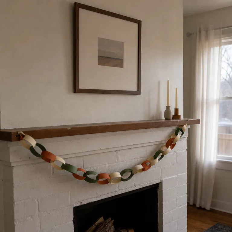 A short cream, green, and rust paper chain drapes across a painted fireplace mantel.