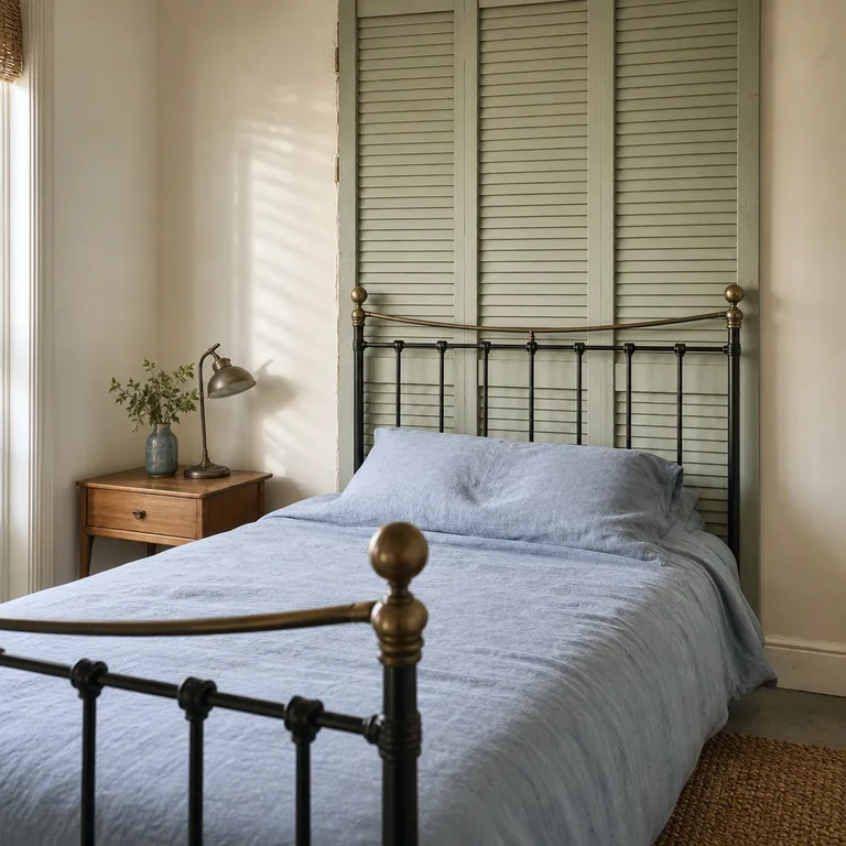 Pale sage shutter panel secured behind a basic iron bed frame.