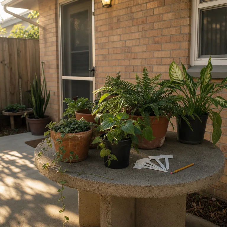 A small patio table holds several potted houseplants in terracotta and plastic pots ready to be sorted for indoor moving.
