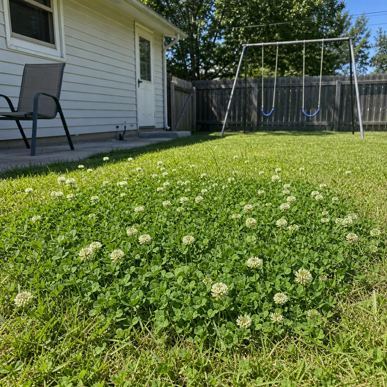 A small clover trial patch set within an otherwise conventional backyard lawn.