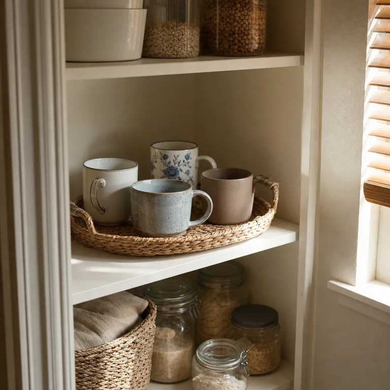 Small handled tray holding a few daily mugs on a pantry shelf.