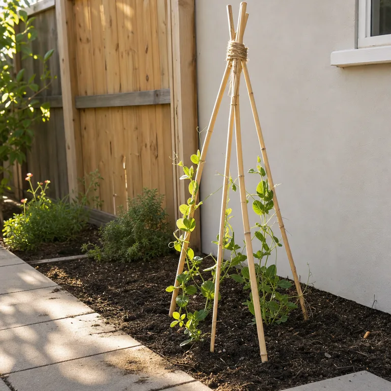 Bamboo teepee tied with jute in a small patio bed for lightweight climbing plants.