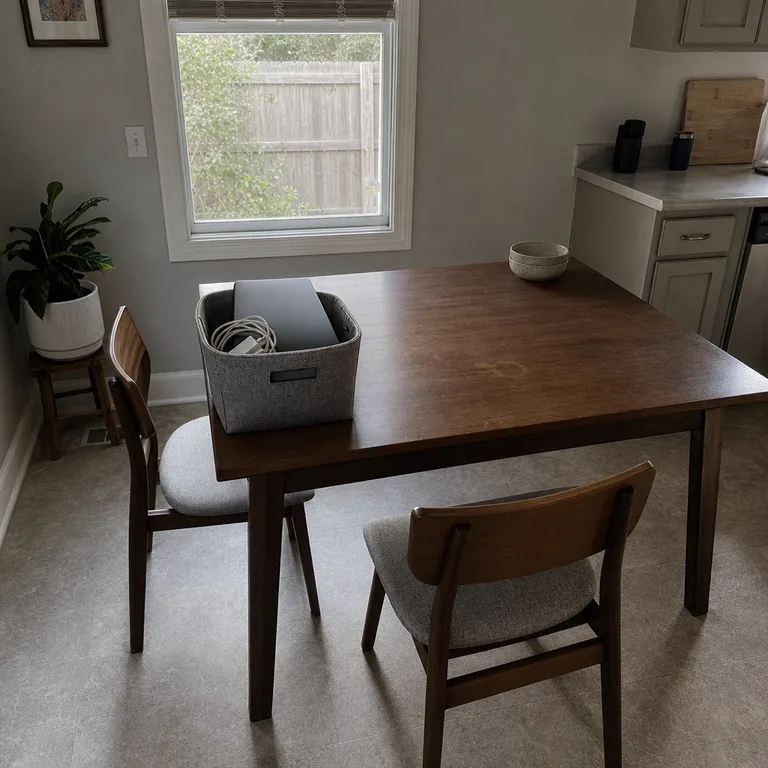 A small kitchen table is being reset from laptop work to a meal setup, with supplies going into a fabric bin.