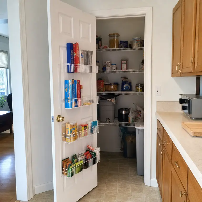 A pantry door organizer stores lightweight kitchen wraps and packets.