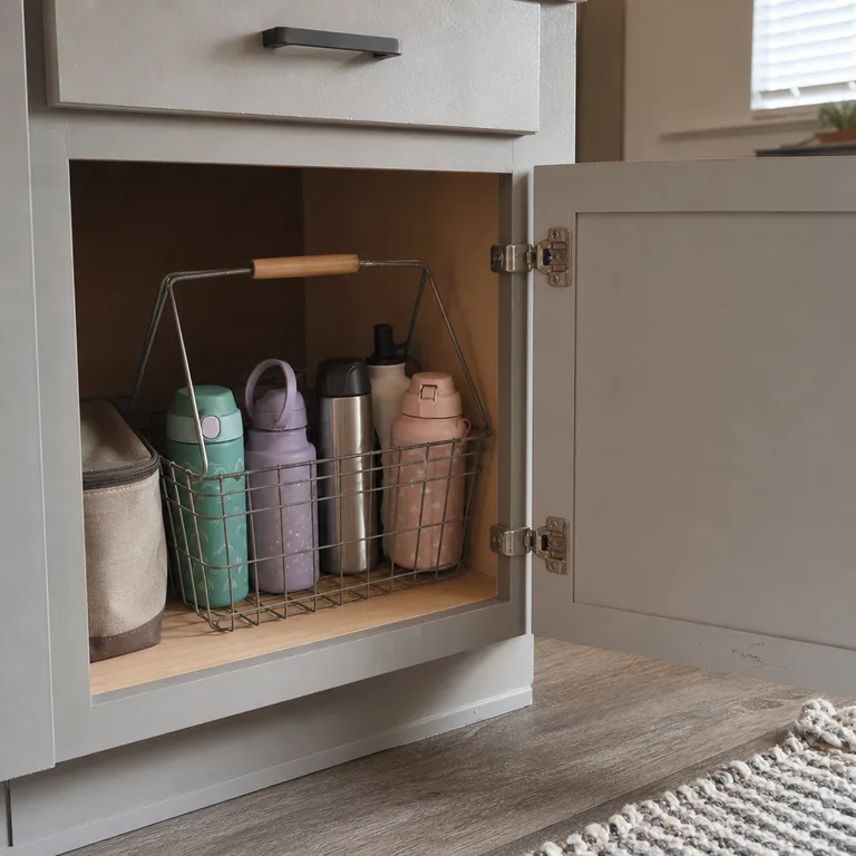 A handled wire basket holds dry family water bottles in a lower kitchen cabinet, with lids nearby.