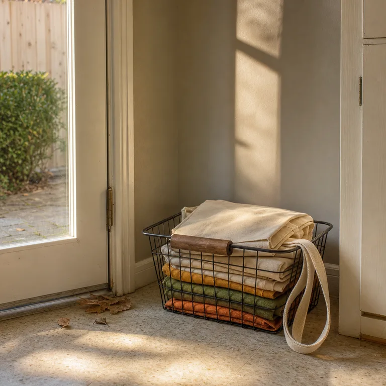 A handled wire basket full of folded reusable shopping bags sits beside a kitchen back door.