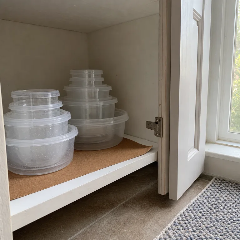 Round food containers nested in separate size-ordered stacks inside a kitchen cabinet.