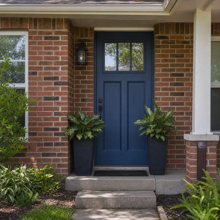 Matching planters frame the front door of a small brick home.