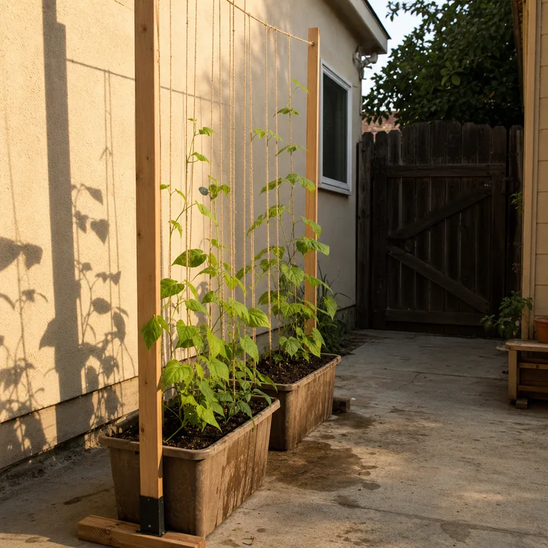 Twine trellis stretched between two freestanding planters for young bean vines.