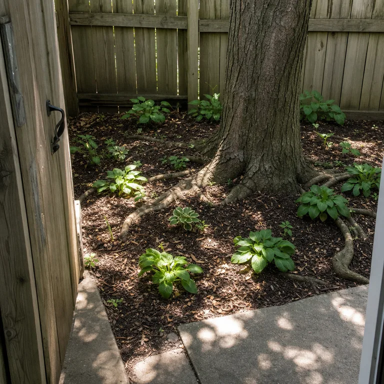 Low plants and mulch placed carefully around exposed tree roots in shade.