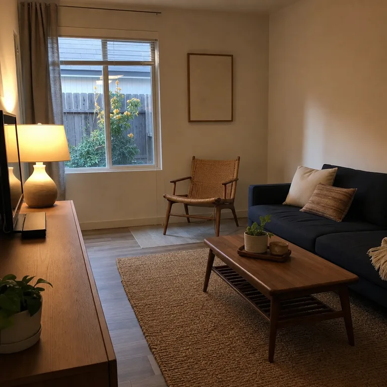 A lightweight armchair moved to a wall-side parking spot to clear the center of a small living room for a mat.