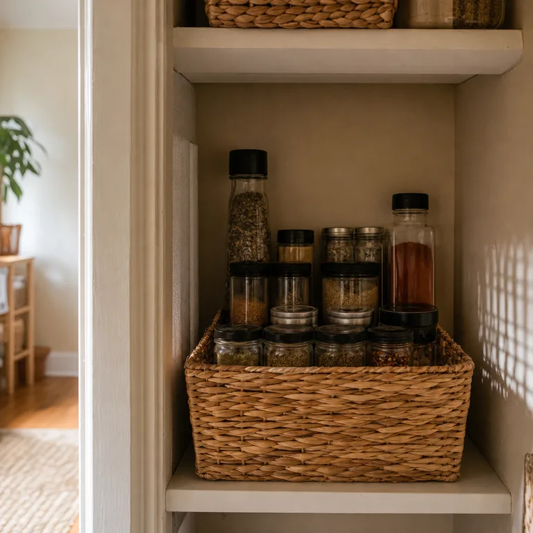 A shallow woven basket holding mixed spice bottles arranged by height on a pantry shelf.