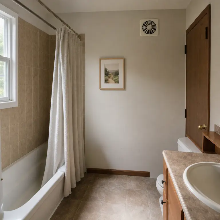 One small framed landscape print adds calm to a simple rental bathroom wall.