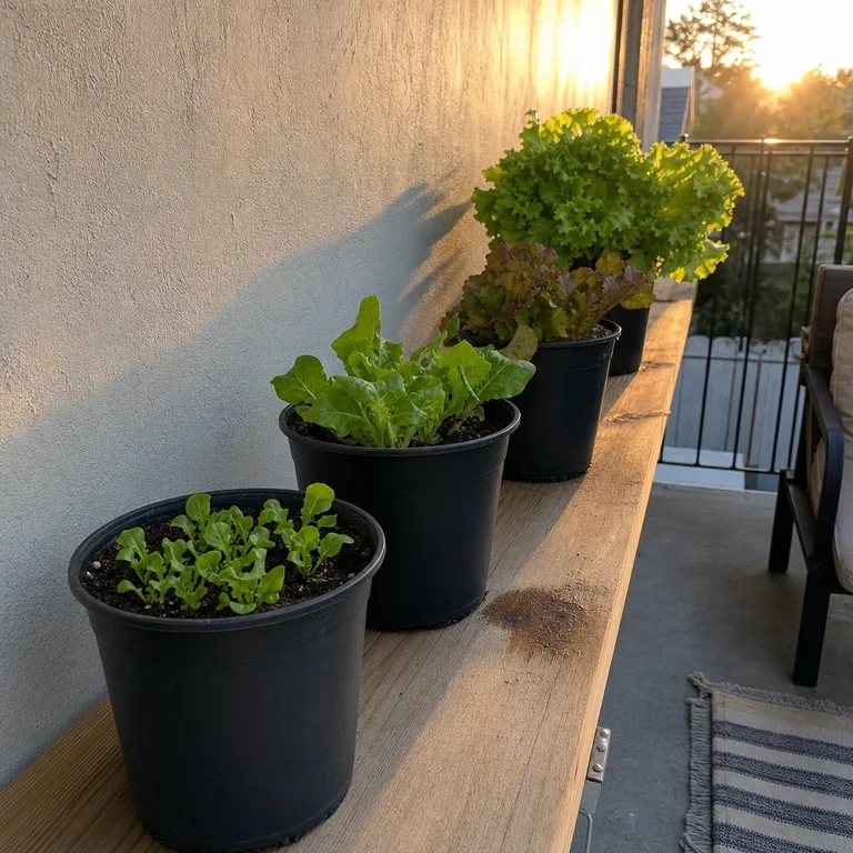 A row of nursery pots holds lettuce plants at several growth stages on a small patio shelf.