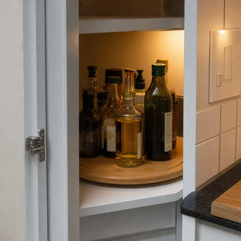 Round bamboo turntable holding cooking oils inside a diagonal corner cabinet.