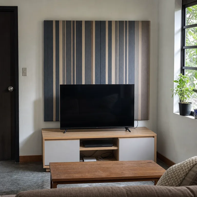 A striped fabric panel adding color behind a living room television.